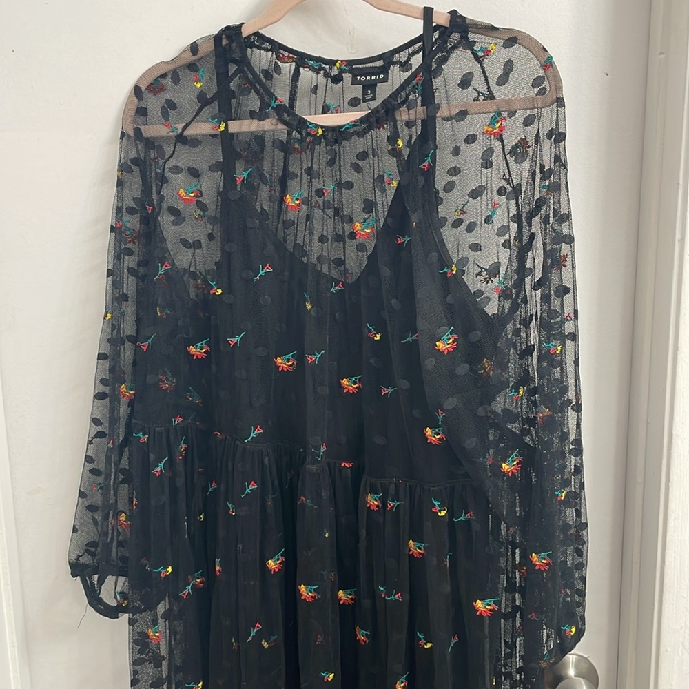 Torrid Black Embroidered Floral Mesh Tea Length Skater Dress